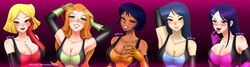 5girls alex_(totally_spies) black_hair blonde_hair blue_eyes britney_(totally_spies) cleavage clothing clover_(totally_spies) corruption dark_skin evil female green_eyes handwear happy_female hazel_eyes horny_female human mandy_walters multiple_girls orange_hair pale_skin porniky redhead sam_(totally_spies) totally_spies yellow_eyes