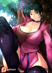 big_breasts black_hair cleavage fishnets green_hair haganef history's_strongest_disciple_kenichi huge_breasts looking_at_viewer patreon pink_eyes ponytail shigure_kousaka stockings tagme thick thick_thighs voluptuous wide_hips