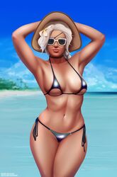 1girls 2d ana_amari big_breasts bikini blizzard_entertainment breasts choker dark-skinned_female eyepatch female female_only gilf grey_hair hat milf old_ana_amari overwatch solo sunglasses tanline thearteriart_(artist) thick_thighs thighs tinted_eyewear