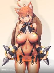 1girls ahoge animal_ears antenna_hair ass_visible_through_thighs black_gloves black_panties blazblue blush breasts breasts_apart brown_hair character_name clenched_hands commentary_request copyright_name covered_nipples cowboy_shot crop_top dual_wielding eyebrows_visible_through_hair female fingerless_gloves gloves head_tilt highleg highleg_panties highres hip_focus holding kim_hyung_tae_(jamm3rd) large_breasts looking_at_viewer lowleg lowleg_skirt makoto_nanaya microskirt multicolored_hair navel official_art orange_skirt panties panty_straps pasties revealing_clothes shiny shiny_skin short_hair side_slit skirt solo squirrel_ears squirrel_girl squirrel_tail star_pasties tail toned tonfa two-tone_hair underwear weapon yellow_pasties