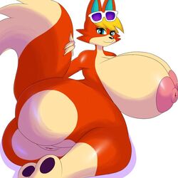 1:1 animal_crossing anthro ass audie_(animal_crossing) big_(disambiguation) big_breasts big_butt breasts canid canine canis eyewear female genitals huge_breasts itisjoidok mammal nintendo pussy solo sunglasses tail_grab video_games wolf