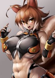 abs animal_ears antenna_hair blazblue breasts brown_eyes brown_hair female fingerless_gloves gloves grey_background large_breasts makoto_nanaya midriff muscular muscular_female navel orange_skirt simple_background skirt sowel_(sk3) squirrel_ears squirrel_girl squirrel_tail tail toned underboob