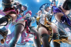 4girls ara_ara ass beidou_(genshin_impact) big_ass big_breasts big_butt breasts busty eye_patch female genshin_impact group lisa_(genshin_impact) mature_female milf multiple_girls ningguang_(genshin_impact) nun rosaria_(genshin_impact) sakimichan thick_thighs thighhighs witch witch_hat