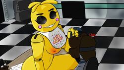 bib breasts breasts_out five_nights_at_freddy's five_nights_at_freddy's_2 fnaf grabbing_tie heavy_breathing malicious mask self_insert smiling sos_or_loss toy_chica_(fnaf) toy_chica_(love_taste)