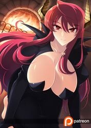 archenemy_and_hero big_ass big_breasts cleavage demon_girl dress female haganef highres horn long_hair looking_at_viewer maou maoyuu_maou_yuusha monster_girl navel patreon red_eyes red_hair smiling thick_thighs voluptuous wide_hips