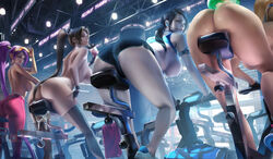 4girls ass bag big_breasts black_hair blonde_hair blue_eyes booty_shorts bra_lift breasts bubble_butt dark-skinned_female dark_skin drink earrings exercise_bike fatal_fury female female_only fingerless_gloves grey_skin gym hoop_earrings king_of_fighters long_hair looking_at_viewer looking_back mai_shiranui metroid metroid_(creature) microphone mp3_player multiple_girls naked nintendo nipples pink_nails pointy_ears ponytail purple_hair pussy red_nails sakimichan samus_aran shantae shantae_(character) shoes smile smooth_skin snk sports_bra stockings sunglasses sweat text thick_thighs towel wii_fit wii_fit_trainer workout yoga_pants