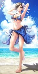 1girls beach bikini breasts brown_eyes brown_hair chun-li day earrings feet female female_only medium_breasts nail_polish open_mouth outside shiny_skin short_hair sky solo street_fighter wajuniorbox wet