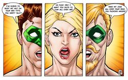 blank_eyes blonde_hair blue_eyes brown_hair dc dc_comics dirty_talk female green_arrow green_lantern hal_jordan kara_zor-l karen_starr leandro_comics male mask masked_male oliver_queen power_girl screaming superman_(series) wide_eyed