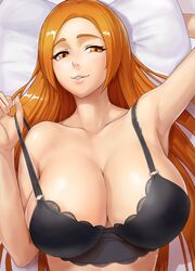 1girls armpits bare_shoulders bed bed_sheet black_bra black_underwear bleach blush bra breasts breasts_out female high_resolution huge_breasts inoue_orihime iric large_breasts lingerie looking_at_viewer lying lying_on_back lying_on_bed naughty_face on_back on_bed orange_hair seductive_look seductive_smile smile solo strap_pull teasing underwear undressing upper_body