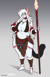 1girls anthro big_breasts breasts cleavage earrings faizenek female female_only furry huge_breasts jocasta_(dogsmith) larger_female loincloth necklace shin_guards simple_background spear the_dogsmith voluptuous white_fur white_hair