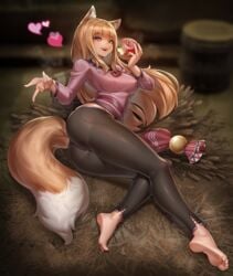 1girls animal_ears animal_tail apple ass barefoot big_ass big_breasts breasts clothing feet female female_only fruit hearts holo large_breasts niur soles solo spice_and_wolf tagme thick_ass thick_legs thick_tail thick_thighs thighs toes wolf_ears wolf_girl wolf_tail