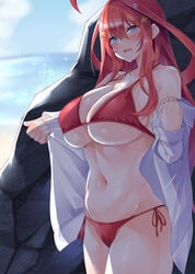 1girls ahoge bangs bare_shoulders bikini blue_eyes blush breasts busty cleavage dress_shirt eyebrows_visible_through_hair female female_only go-toubun_no_hanayome huge_breasts large_breasts light-skinned_female light_skin looking_at_viewer micosivaa midriff nakano_itsuki navel nervous open_clothes open_mouth open_shirt partially_undressed pinup plump red_bikini red_hair shirt shirt_removed side-tie_bikini skindentation solo solo_female solo_focus star_(symbol) swimsuit thick_thighs thighs tight_fit unbuttoned unbuttoned_shirt underboob undersized_clothes