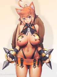 1girls ahoge animal_ears antenna_hair ass_visible_through_thighs black_gloves black_panties blazblue blush breasts breasts_apart brown_hair character_name clenched_hands copyright_name covered_nipples cowboy_shot crop_top dual_wielding eyebrows_visible_through_hair female fingerless_gloves gloves head_tilt highleg highleg_panties highres hip_focus holding kim_hyung_tae_(jamm3rd) large_breasts looking_at_viewer lowleg lowleg_skirt makoto_nanaya microskirt multicolored_hair navel official_art orange_skirt panties panty_straps pasties revealing_clothes shiny shiny_skin short_hair side_slit skirt solo squirrel_ears squirrel_girl squirrel_tail star_pasties tail toned tonfa two-tone_hair underboob underwear weapon yellow_pasties