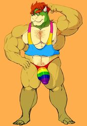 1male 2021 abs anthro armpit_hair beefy biceps big_bulge big_muscles body_hair bowser bulge chest_hair clothing flexing front_view genital_outline hair hairy hand_on_hip happy_trail horn koopa male male_nipples male_only male_thong mario_(series) masculine mature_male muscular muscular_anthro muscular_male nintendo nipples obliques orange_background pecs penis_outline pride_colors pubes pubic_hair red_eyes scalie shirt simple_background solo standing tank_top thong topwear underwear video_games wkd