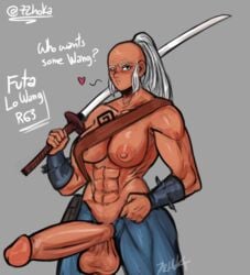 1futa 72hoka abs areolae balls big_balls big_breasts breasts clothed clothing dialogue futa_only futanari huge_cock human lo_wang muscular muscular_futanari partially_clothed penis rule_63 shadow_warrior solo standing sword text wrinkles