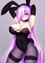 arms_above_head bunny_ears bunny_girl bunny_tail bunnygirl bunnysuit dirtykuro foxykuro kuro_(foxykuro) looking_at_viewer purple_eyes purple_hair