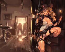 bounty_hunter breasts cowboy_hat cowgirl cowgirl_outfit gun juliona_trans nipple_slip optionaltypo panties revolver shooting smile white_panties wild_wet_west