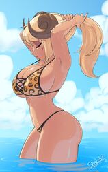 1girls armpits big_breasts bikini blonde_hair busty cheetah_print cleavage closed_eyes curved_horns female female_only goat_horns hi_res horns in_water kait_(skecchiart) long_hair pulling_hair sea side_view sideboob skecchiart solo solo_female swimsuit thick_thighs tying_hair