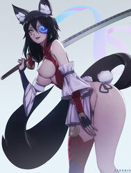 black_hair breasts breasts_out brown_eyes eyepatch female fox_ears fox_girl fox_tail japanese_clothes smile solo weapon zeronis