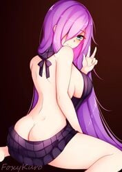 ass_cleavage blue_eyes butt_crack dirtykuro exposed_ass foxykuro kuro_(foxykuro) looking_at_viewer purple_hair revealing_clothes revealing_outfit smiling smiling_at_viewer sweater v virgin_killer_sweater