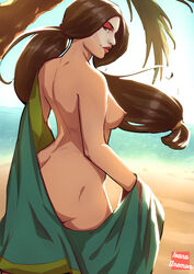 1girls alternate_version_available areolae ass avatar_legends avatar_the_last_airbender beach big_ass breasts brown_hair clothing earth_kingdom face_paint facepaint female female_only green_eyes ivana_anemon kyoshi lipstick long_hair looking_at_viewer looking_back low-tied_long_hair low_ponytail medium_breasts nipples nude nude_female smile solo the_avatar tied_hair undressing