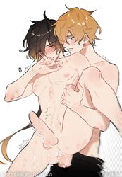 anal anal_penetration anal_sex balls bite_mark bite_marks blush childe_(genshin_impact) cum erection gay genshin_impact half-dressed hickey long_hair male male_only naked nude one_leg_up penetration penis tartaglia_(genshin_impact) testicles trembling yaoi zhongli_(genshin_impact)