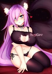 blue_eyes cat_bra cat_lingerie dirtykuro fox_girl fox_tail foxgirl foxykuro heart kuro_(foxykuro) looking_at_viewer purple_hair