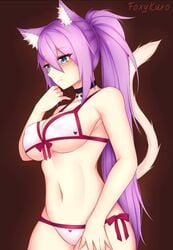 bikini blue_eyes blush cat_ears cat_tail dirtykuro embarrassed foxykuro kuro_(foxykuro) looking_down purple_hair white_bikini