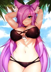 bikini black_bikini black_swimsuit blue_eyes dirtykuro foxykuro kuro_(foxykuro) looking_at_viewer purple_hair swimsuit tongue_out