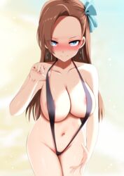 1girls areola_slip areolae big_breasts big_forehead blue_eyes blush breasts brown_hair cleavage earrings embarrassed female female_only ginhaha katarina_claes large_breasts long_hair looking_at_viewer navel one-piece_swimsuit otome_game_no_hametsu_flag_shika_nai_akuyaku_reijou_ni_tensei_shite_shimatta pov seductive sling_bikini solo swimsuit tagme tied_hair wide_hips