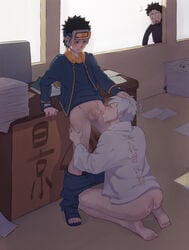 3boys against_desk age_difference ass bare_ass bare_legs barefoot black_eyes blush caught caught_in_the_act climax cloak cum cum_in_mouth cumdrip desk duo duo_focus goggles goggles_on_head hair_grab hatake_kakashi jacket kneeling male/male male_only multiple_boys naruto naruto_(series) naruto_shippuden older_male oral oral_sex pants pants_down penis penis_in_mouth scar scar_across_eye shirt short_hair standing surprised sweat sweatdrop time_paradox uchiha_obito yaoi younger_male