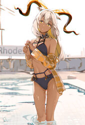 1girls absurd_res animal_ears arknights auguste bare_shoulders beeswax_(arknights) bikini black_bikini blonde_hair brown_skin choker dark-skinned_female dark_skin highres horns long_hair looking_at_viewer medium_breasts midriff navel off_shoulder open_clothes outside pool shirt silver_hair solo standing stomach summer swimsuit thighs toned toned_female wading water wet wet_skin yellow_eyes