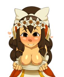 1girls alia_(wakfu) blush bow breasts breasts_out brown_eyes brown_hair cleavage clothes_pull down_blouse dress female female_only fingerless_gloves flower_crown gloves grislypine heart long_hair looking_at_viewer mole mole_under_eye naughty_face nipples pulled_by_self shirt_pull showing showing_breasts showing_off smile solo wakfu white_background