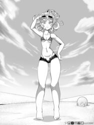 1boy1girl 1girls armpits bare_legs barefoot beach bikini bikini_top bottom_heavy breasts buried collarbone curly_hair female hand_on_hip hidden hiding hips male midriff navel one-punch_man open_fly raised_arm raised_eyebrow revealing_clothes saitama sand short_shorts shorts signature small_breasts sunglasses sunglasses_on_head tatsumaki thick_thighs thighs thong underboob wheatly101 wide_hips