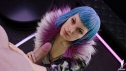 1boy 1girls 3d 3d_(artwork) bangs blue_hair cd_projekt_red cyberpunk_2077 evelyn_parker female fur_collar fur_trim handjob penis steps3d