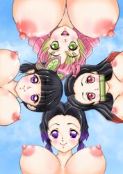 4girls below_view big_breasts big_nipples black_hair butterfly_hair_ornament demon_slayer enuyuaru female female_only gag green_eyes huge_breasts kamado_nezuko kanroji_mitsuri kimetsu_no_yaiba kochou_shinobu large_areolae looking_down medium_breasts multiple_girls pink_eyes pink_hair pov puffy_nipples purple_eyes small_breasts smile tsuyuri_kanao two_tone_hair