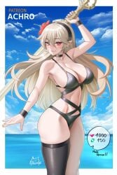 1girls 2023 achromaru alternate_costume arm_up artist_logo artist_name bikini black_bikini black_choker black_hairband black_swimsuit black_thighhighs black_wristband blonde_hair blue_sky blush border bracelet breasts bright_pupils choker cleavage closed_mouth cloud corrin_(female)_(fire_emblem) corrin_(fire_emblem) corrin_(fire_emblem)_(female) day double-parted_bangs earrings english_text female female_only fingernails fire_emblem fire_emblem_fates floating_hair flower hair_between_eyes hair_flower hair_ornament hairband halterneck highres holding holding_sword holding_weapon horizon jewelry large_breasts light-skinned_female light_brown_hair light_skin like_and_retweet long_hair looking_at_viewer meme nintendo ocean outdoors outside_border patreon_username pointy_ears red_eyes red_flower single_thighhigh skindentation sky smile solo standing swimsuit sword thighhighs twitter_strip_game_(meme) very_long_hair water weapon white_border white_pupils yato_(fire_emblem)