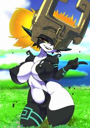 1girls 2021 alternate_breast_size ashraely belly_button black_skin blonde_hair blue_sky body_markings breasts erect_nipples fangs female female_focus female_only gold_hair grass hi_res hips huge_breasts imp long_ears long_hair looking_at_viewer mask midna monster_girl naked naked_female naughty_face nintendo nipples nude nude_female open_field outdoors pointing_at_viewer pointy_ears puffy_nipples red_eyes shortstack smile smug smug_face smug_grin solo solo_female suggestive_look the_legend_of_zelda thick_thighs thighs twilight_princess two_tone_body water white_skin wide_hips