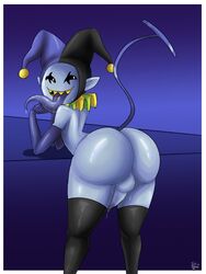 bending_over big_ass big_butt black_stockings blue_skin blue_tongue deltarune femboy jester jester_cap jester_hat jevil_(deltarune) long_tongue male_only pointy_ears precum saliva satrinameno sharp_teeth smiling stocking stockings sweat tail thick_thighs yellow_eyes yellow_teeth