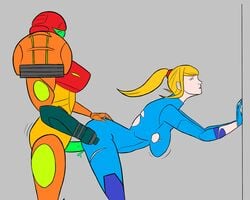 1futa 1girls against_wall bodysuit clothed clothing colored_sketch duo female fish-ninja(artist) futa_on_female futanari human light_skin metroid metroid_fusion mostly_clothed nintendo pale_skin sa-x samus_aran side_view standing varia_suit visor