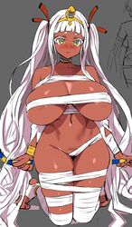 asanagi big_breasts blush convenient_censoring curvy dark-skinned_female dark_skin egyptian embarrassed hair_ribbon huge_breasts kneeling midriff mummy mummy_wrappings naked_bandage original shortstack thick_thighs twintails white_hair yellow_eyes