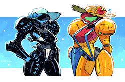 2girls alien alien_girl armor armored_samus bikini blush crap-man dark_samus female female_only hat helmet helmet_with_visor hi_res humor looking_at_viewer metroid nintendo power_armor power_suit samus_aran sling_bikini summer_hat varia_suit varia_suit_helmet