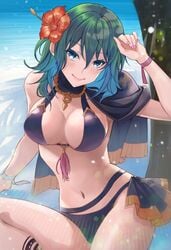 1girls alternate_costume alternate_hair_color bare_legs bare_midriff bikini black_bikini black_swimsuit blue_eyes blue_hair breasts byleth_(fire_emblem) byleth_(fire_emblem)_(female) byleth_(summer)_(fire_emblem)_(female) cape female fire_emblem fire_emblem:_three_houses fire_emblem_heroes flower flower_in_hair green_hair hair_flower hibiscus hourglass_figure ichino_tomizuki kaboplus_ko light_skin lipstick looking_at_viewer medium_breasts medium_hair nintendo red_flower sideboob sitting smile solo solo_female swimsuit