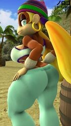 1girls 3d 5_fingers anthro ass barrel beach beach_chair beanie blonde_hair blue_eyes brown_fur clothed donkey_kong_(series) hoop_earrings looking_at_viewer looking_back mammal monkey nologo palm_tree sfm solo solo_female source_filmmaker tiny_kong twintails wide_hips