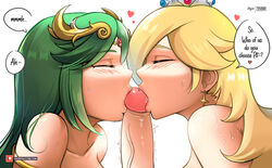 1boy 2girls 3some blonde_hair blowjob blush closed_eyes collaborative_fellatio comic crossover crown earrings english_text fellatio female glans green_hair heart kid_icarus kissing_penis light-skinned_female light-skinned_male light_skin long_hair male manga mario_(series) multiple_girls myst nintendo oral palutena penis pov princess_rosalina simple_background speech_bubble spoken_heart super_mario_galaxy super_smash_bros. super_smash_bros._ultimate teamwork text threesome white_background yhw