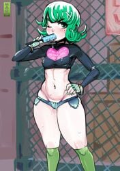 1girls female_focus female_only green_hair ice_cream one-punch_man pornomagnum seductive short_hair small_breasts solo suggestive suggestive_shirt tatsumaki thick_thighs wide_hips