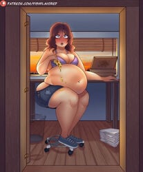 belly_button caught_in_the_act chubby female fishflavored huge_ass huge_belly large_ass large_breasts overweight pizza sitting stuffing thick_thighs tight_clothing weight_gain