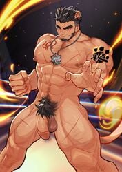 1boy abs alca animal_ears bai_ma baimeme baimeme1 bara beard black_hair chest_hair commission completely_nude dark-skinned_male dark_skin excessive_pubic_hair facial_hair feet_out_of_frame fighting_stance fire flaccid gyee hairy highres large_pectorals leg_hair lion_boy lion_ears lion_tail male male_focus male_only male_pubic_hair mature_male multi_ear muscular muscular_male navel navel_hair nipples nude original pectorals penis pubic_hair scar scar_on_chest scar_on_leg short_hair smirk solo solo_male standing stomach tail thick_eyebrows thick_thighs thighs uncensored undercut