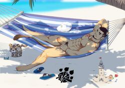 1boy abs alca animal_ears bara beach beard black_hair bulge chest_tattoo commission completely_nude crab day erection facial_hair gyee highres koji_(wildlhz) leg_hair lion_boy lion_ears lion_tail lying male male_focus male_only male_pubic_hair mature_male muscular muscular_male navel nipples nude on_back one_eye_closed original outdoors pectorals pubic_hair red_eyes sand sand_castle sand_sculpture sandals shade short_hair smile solo stomach stuffed_animal stuffed_toy tail tattoo thick_eyebrows thick_thighs thighs uncensored