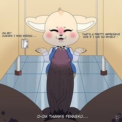 :3 aggressive_retsuko balls barrypark11 bathroom blush bodily_fluids breasts canid canine dialogue female fenneko fox genital_fluids genitals haida hi_res impressed male mammal office_lady penis precum public_restroom restroom_stall sanrio smooth_fur vein veiny_penis